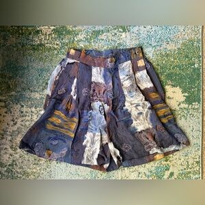 Vintage 10 West blue silk graphic print loose shorts, size